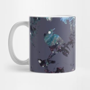 Elegant Japanese brush painting: starlings on a branch singing galaxy silhouette Mug